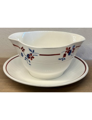 Gravy boat / Sauce boat - model with 2 spouts - St. Amand Ceranord - décor SENLIS executed in blue/red spray decor
