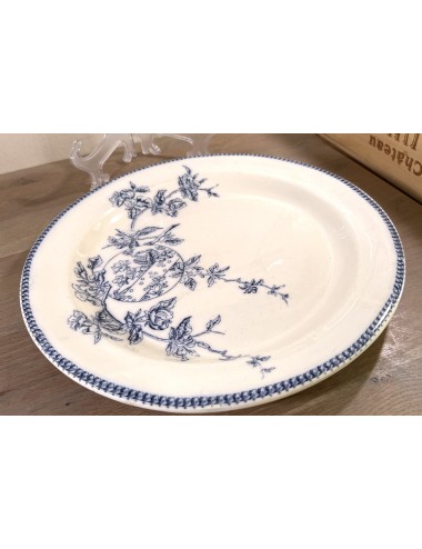 Plate - flat round model - Faiencerie de Jemappes - décor of roses/wild roses in flowing blue