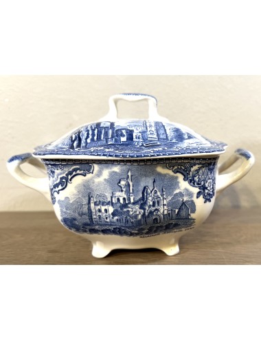 Sugar bowl with lid - Johnson Bros England - décor OLD BRITAIN CASTLES executed in blue