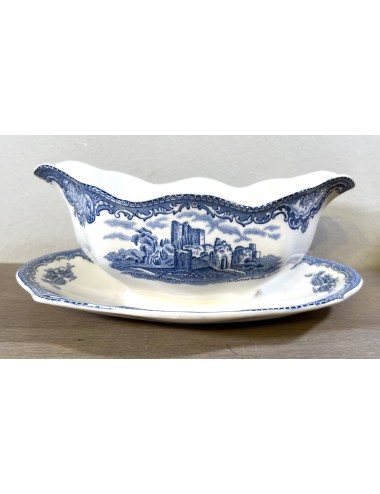 Gravy boat / Sauce boat - fixed bottom dish - Johnson Bros England - décor OLD BRITAIN CASTLES executed in blue