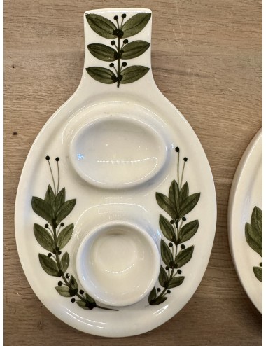 Egg tray - marked Jersey (rest is illegible) - décor with green leaves and 2 holders (egg and salt?)