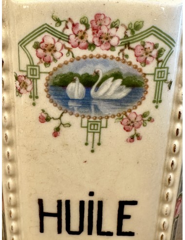 Decanter / Bottle - unmarked - Art Nouveau/Jugendstil with décor of swans surrounded by roses - imprint HUILE