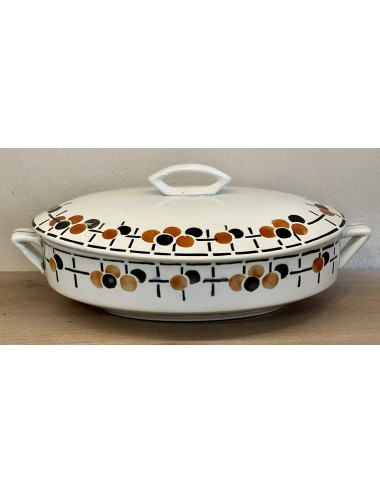 Tureen / Deck dish - oval model - St. Amand France - Art Deco brown/black polka dot decoration