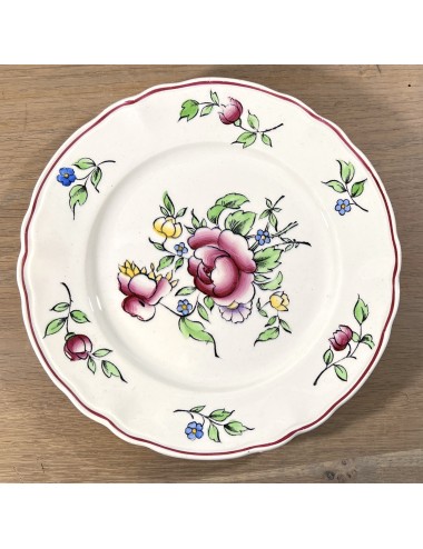 Breakfast plate / Dessert plate - Boch - décor of a pink rose with with blue and yellow flowers