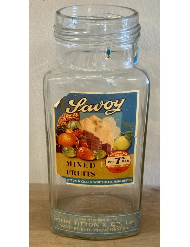 Glass storage jar - large model - Savoy Mixed Fruits - Manchester England - lid missing