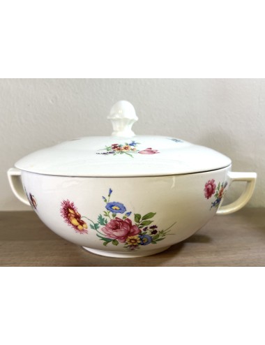 Tureen / Vegetable tureen - unmarked but Petrus Regout - décor with a pink rose and scattering flowers