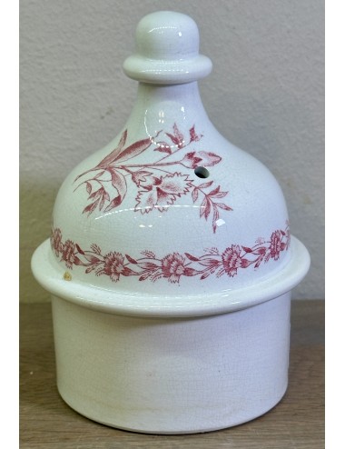 Lid of a coffee pot - perhaps Nimy? - décor OEUILLETS? executed in red with carnations and a butterfly