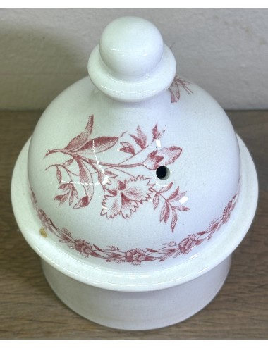 Lid of a coffee pot - perhaps Nimy? - décor OEUILLETS? executed in red with carnations and a butterfly