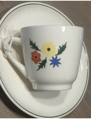 Cup and saucer - Torgau - décor of blue/yellow/red flowers on cream background