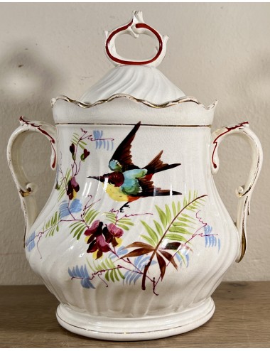 Suikerpot - groot model - ongemerkt (alleen een blindmerk A) - handbeschilderd met bloemen en kleurige vogel