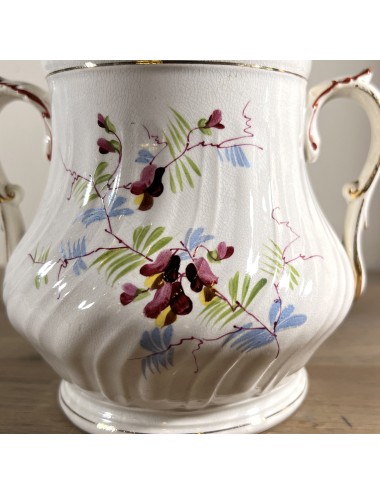 Sugar bowl - large model - unmarked (only a blind mark A) - hand-painted with flowers and colorful bird
