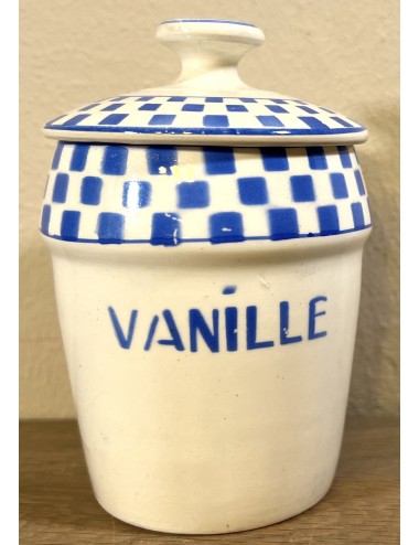 Voorraadpot - klein model - Nimy - uitgevoerd in crème met blauwe belettering VANILLE en blokjes décor
