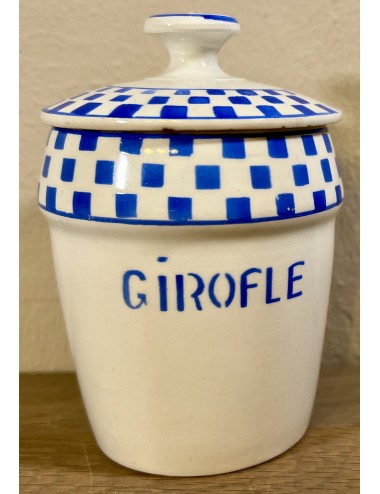 Voorraadpot - klein model - Nimy - uitgevoerd in crème met blauwe belettering GIROFLE en blokjes décor