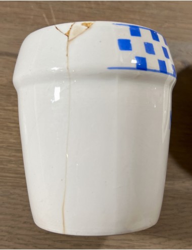 Voorraadpot - klein model - Nimy - uitgevoerd in crème met blauwe belettering MUSCADE en blokjes décor