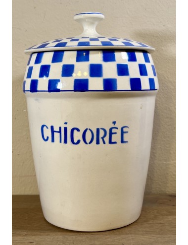 Voorraadpot - groot model - Nimy - uitgevoerd in crème met blauwe belettering CHICORÉE en blokjes décor 