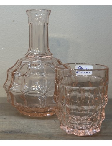 Carafe / Water carafe - with matching glass - made of pink/salmon colored glass