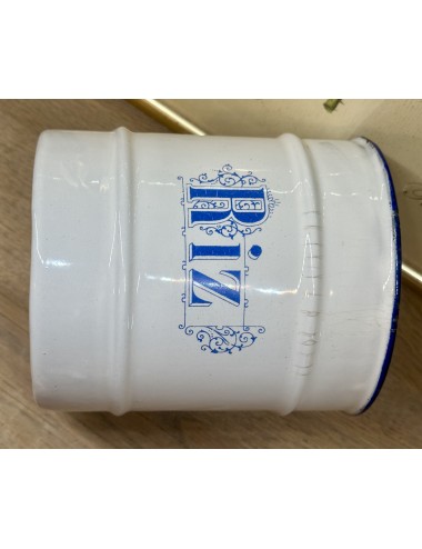 Storage tin of white enamel with inscription RIZ (rice) in lighter blue