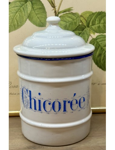 Storage tin of white enamel with inscription CHICOREE (chicory) in lighter blue