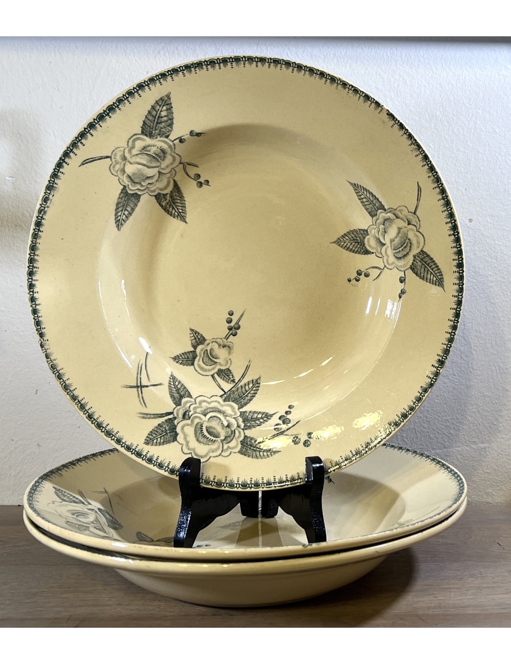 Deep plate / Soup plate / Pasta plate - Boch - decor ANDREE in green on a beige background