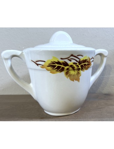 Sugar bowl - Moulin des Loups / Orchies - décor of autumn leaves in shades of brown and yellow