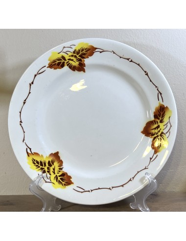Plate - round model - Moulin des Loups / Orchies - décor of autumn leaves in shades of brown and yellow