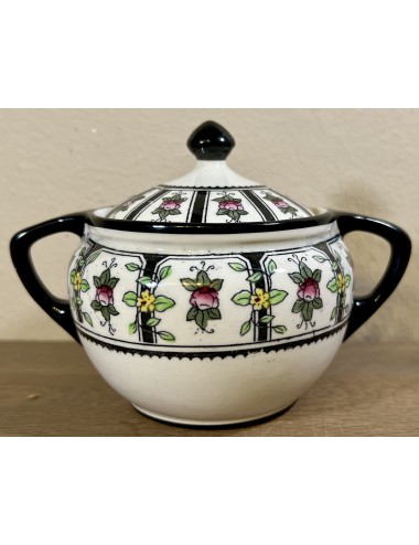 Sugar bowl - Petrus Regout - décor MODEST with small flowers and executed in black