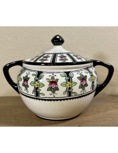 Sugar bowl - Petrus Regout - décor MODEST with small flowers and executed in black