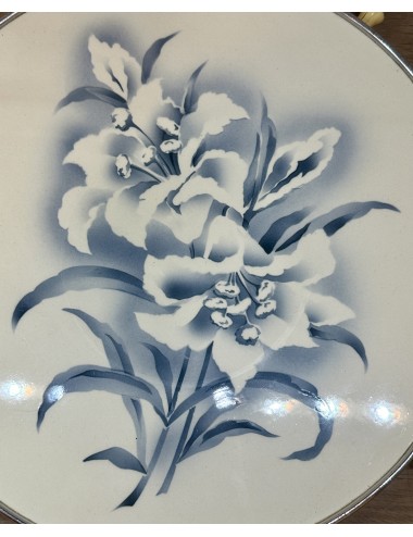 Cake Plate / Cake dish - unmarked, probably German - plate executed with spritz decor of irises in blue