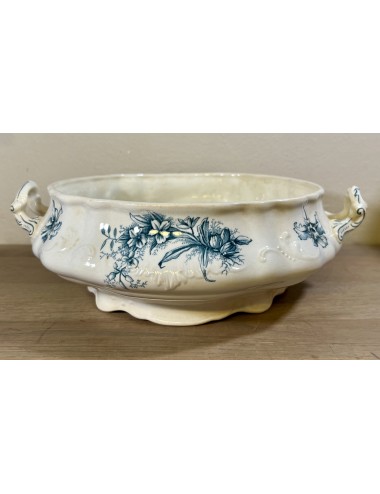 Tureen / Salad bowl(?) - Petrus Regout - décor ORCHIDEE executed in petrol/blue