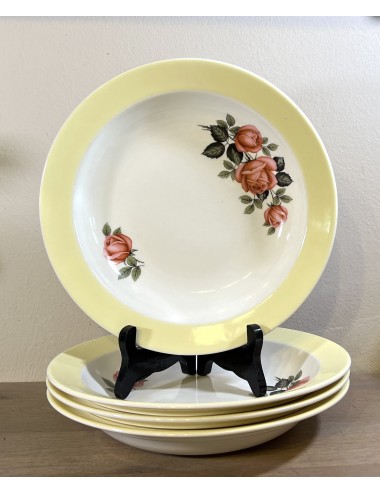 Deep plate / Soup plate / Pasta plate - Petrus Regout - pastel yellow rim and décor of pink roses
