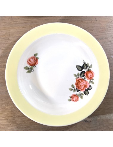 Deep plate / Soup plate / Pasta plate - Petrus Regout - pastel yellow rim and décor of pink roses
