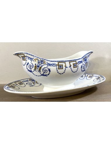 Gravy boat / Sauce bowl - Sarreguémines - décor NAVARRE executed in yellow/gold and blue