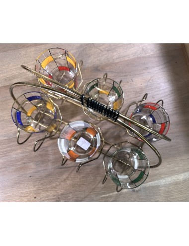 Holder with 6 lemonade glasses - holder in brass, glasses decorated with colored cubes