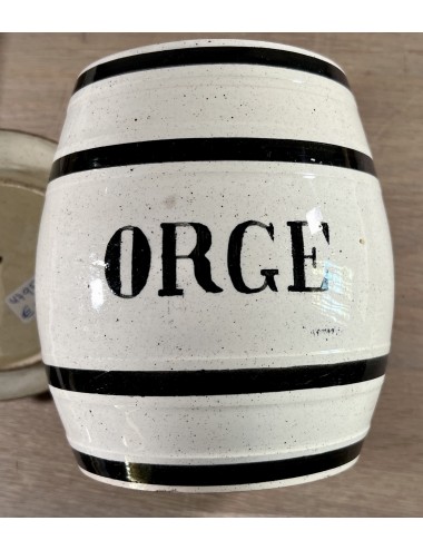 Voorraadpot met deksel - bandenpot in crème gespikkeld met zwarte banden - opschrift ORGE