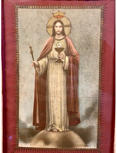 Religieus plaatje in lijst (staand) - randen van rode en roze stof
