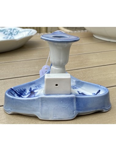 Kaarsenstandaard / kandelaar / kaarsenhouder met luciferhouder - in blauw met molen en zeilbootje - Jugenstil / Art Nouveau vorm