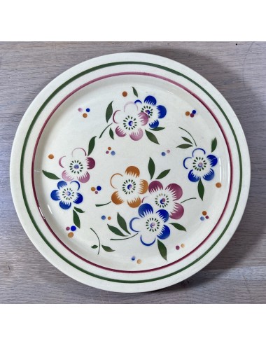 Ontbijtbord / Dessertbord - Boch - décor met gestileerde blauw/roze/oranje bloemen en stipjes op een crème kleurige ondergrond