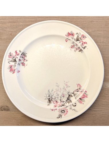 Dinerbord - Petrus Regout - décor van grijs met roze bloemen
